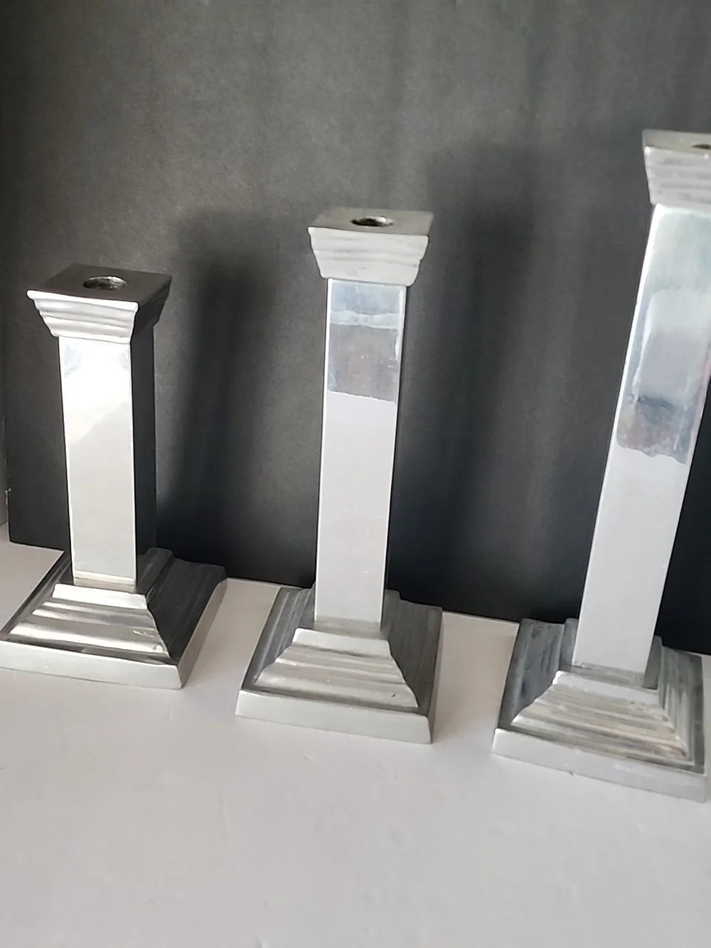 Polished Silver Color Metal Pillar CandleHolders Mirrorlike Candlesticks 3 Total